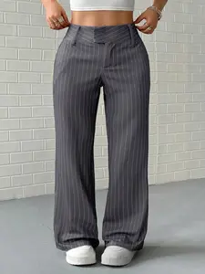 【Plus Size】 Pinstripe Print Pants, Casual Work Pants, Elegant Comfy Trousers for Work Office Business, Women's Bottoms, Casual Chic Bottoms for All Seasons