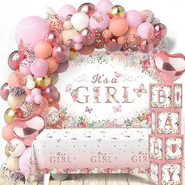 Baby Shower Decoration for Girl - 118Pcs Pink Floral Balloon Box, Rose Gold Balloons Arch Kit with Butterfly Sticker, It's a Girl Backdrop and Tableclose for Baby in Bloom Baby Shower Decor