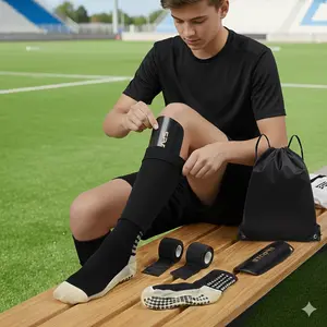 Professional Soccer Complete Kit with Grip Socks, Compression Sleeves, Shin Guards, Self-Adhesive Bandages & Drawstring Bag – Essential Gear for Soccer Players