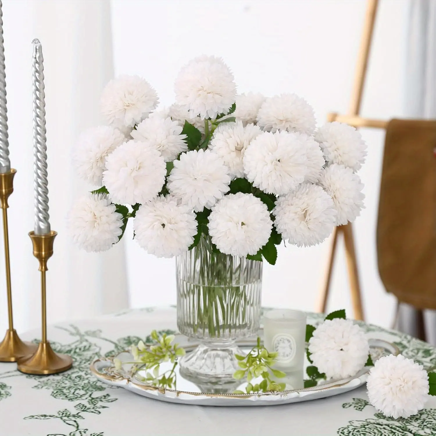 Artificial Silk Ball-Shaped Hydrangea & Chrysanthemum Plastic Faux Flowers (12/24 Pcs, 11 in Tall, 2.75 in Diameter White Fluffy), Floral Decor for Bridal Bouquets, Home Decoration, Indoor Flower