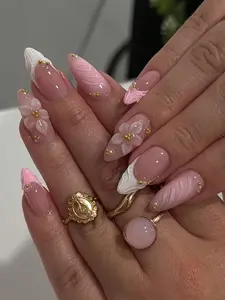 24pcs Press On False Nails Almond Shape Gradient Floral Pearl Design Reusable Easy Apply for Daily Party