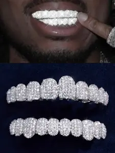 1PC/2PCS/SET 18K Golden Plated Cubic Zircon Grillz Teeth 10 Teeth Top Bottom Grills Iced Out Mouth Punk Tooth Braces Cosplay Rapper Jewelry