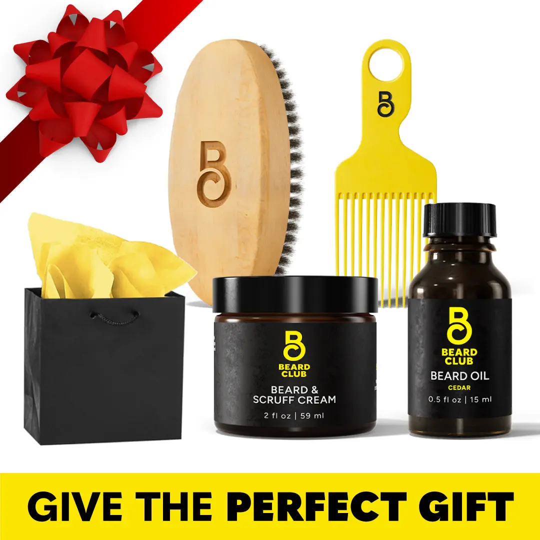 Beard Care Kit by Beard Club featuring beard oil, scruff cream, brush, pick