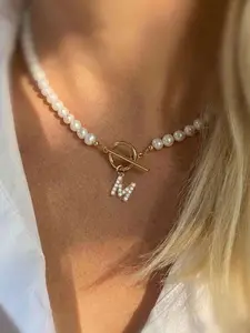 Women's Zirconia Initial Pendant Necklace, Faux Pearl Beaded Chain, Elegant Ot Clasp Design, All-Season Jewelry Accessory, Pearl Letter Beaded Necklace, Fashion Necklace