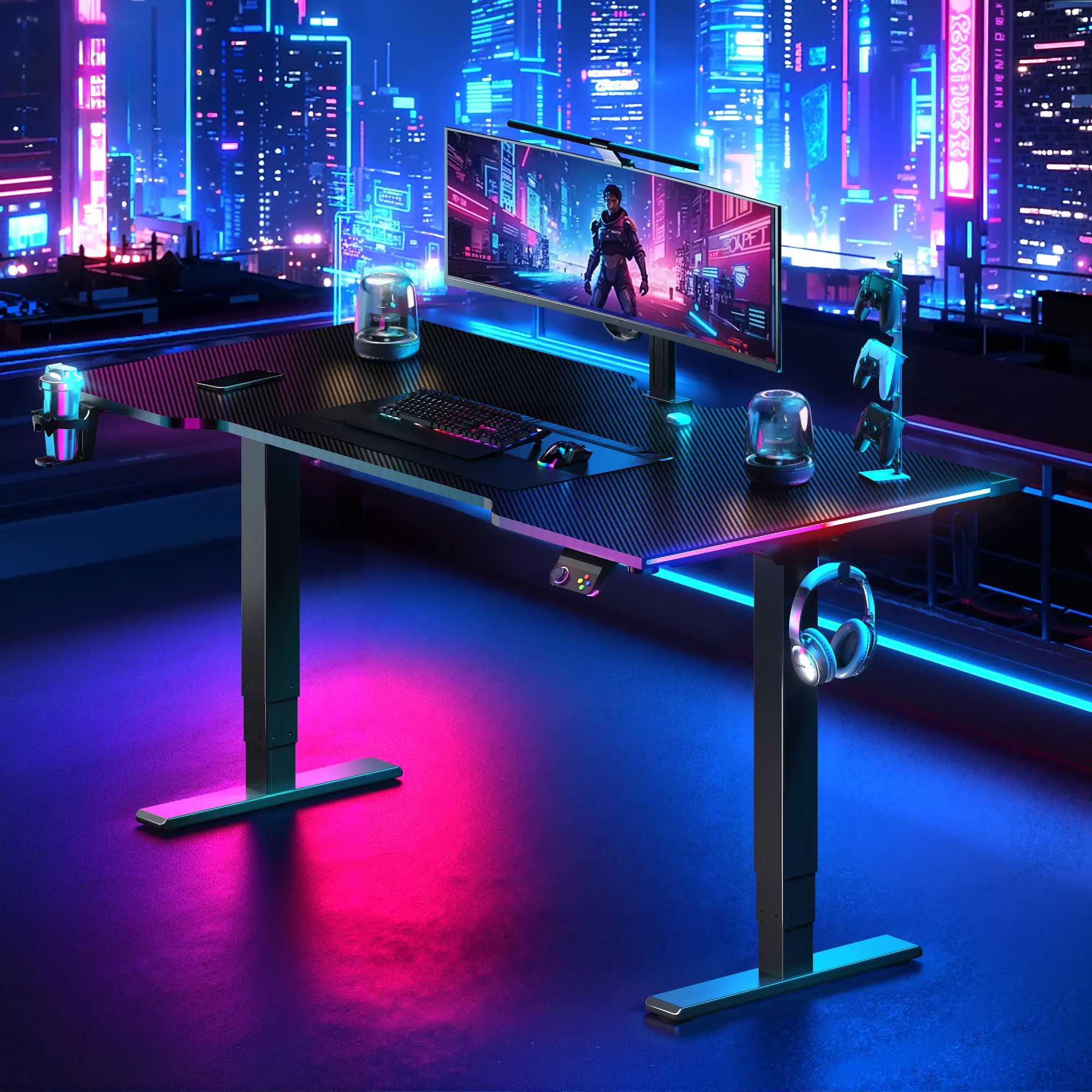 【SummerVibes】FLEXISPOT CyberX RGB Gaming Standing Desk 55" - Dual-Motor Electric Height-Adjustable Desk, 3-Stage Frame, 352 lbs Support, RGB Joystick Controller for Gaming Rooms, Creator Workstations, Gaming Desk