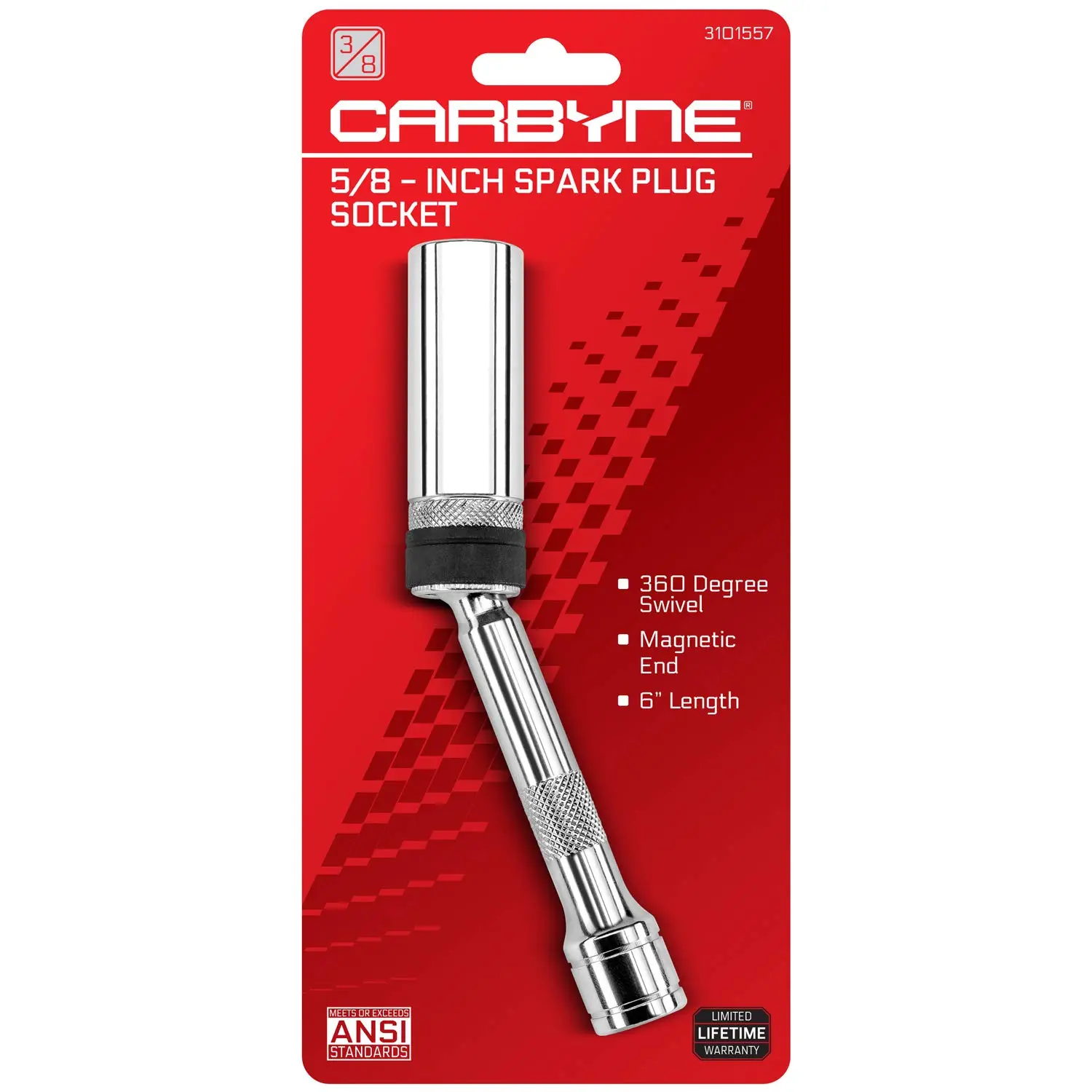 CARBYNE 5/8" Spark Plug Socket - Magnetic Swivel. 3/8" Drive, 6" Overall Length, 6-Point.