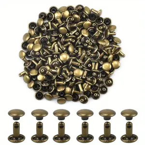 100pcs Antique Bronze Copper Double Cap Faux Leather Rivets - Double-Sided Metal Studs, 8*8mmRound Flat Snap Button Fasteners for DIY Faux Leather Craft, Clothes, Bags, Shoes Decoration, Clothing Repair Accessories