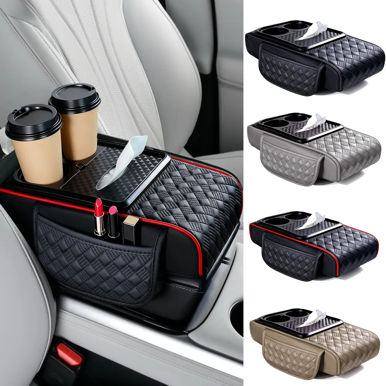 Car Interior Accessories for Stowing Tidying, Cup holder & Phone Storage for 40/60 Split Center Console Opening, Diamond Car Center Console Armrest Pad, Multifunctional 5 in 1 Car Storage Bag, Car Interior Accessories Armrest Box Storage Pocket