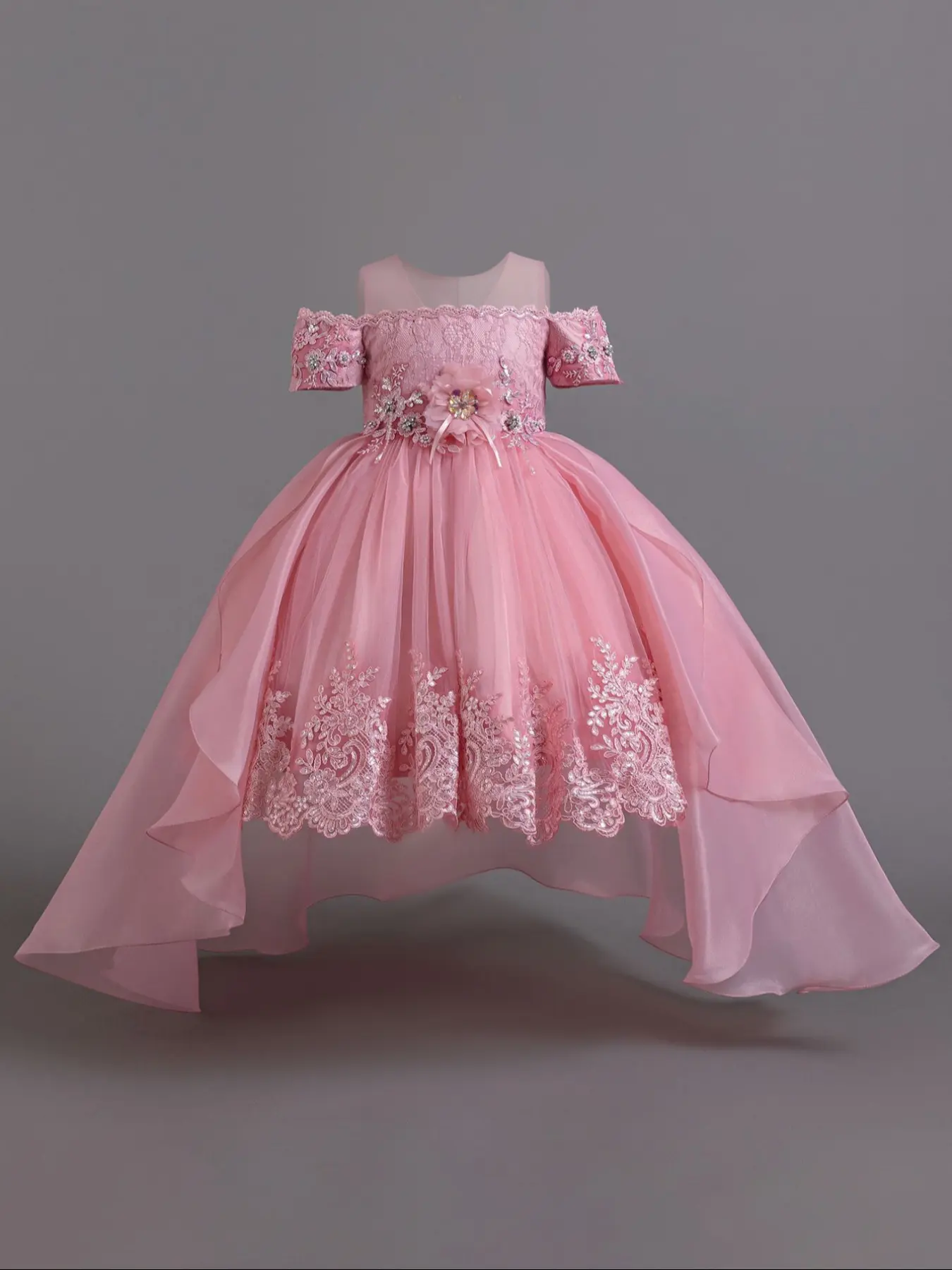 4 to 9 Years Pink Embroidered Kids Clothes 3D Flower Girl Ball Gown Pageant Children Elegant Performance Princess Prom Host Formal Evening Party Attire Party Cocktail Trailing Embroidery Dress for all Season Birthday Dresses