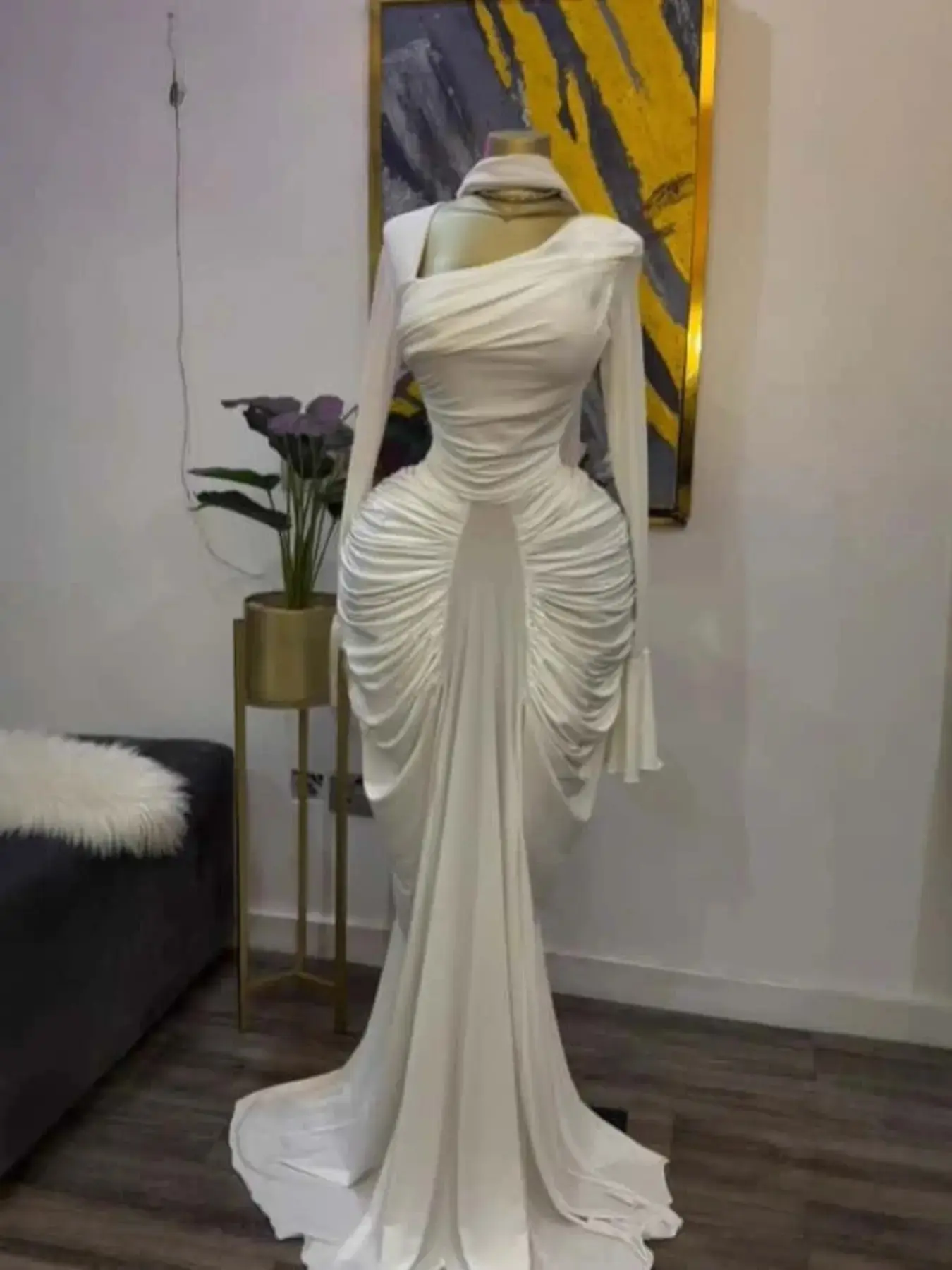 PULKRITU Women's Asymmetrical Neckline Flared Long Sleeve Ruffled Stacked Dress, Formal, Autumn Birthday Party Evening Gown with Scarf Bodycon Midi Ruched Side Maxi Dress, Fashion Streetwear Clothing, Floor Length Dress, Womenswear, Lady