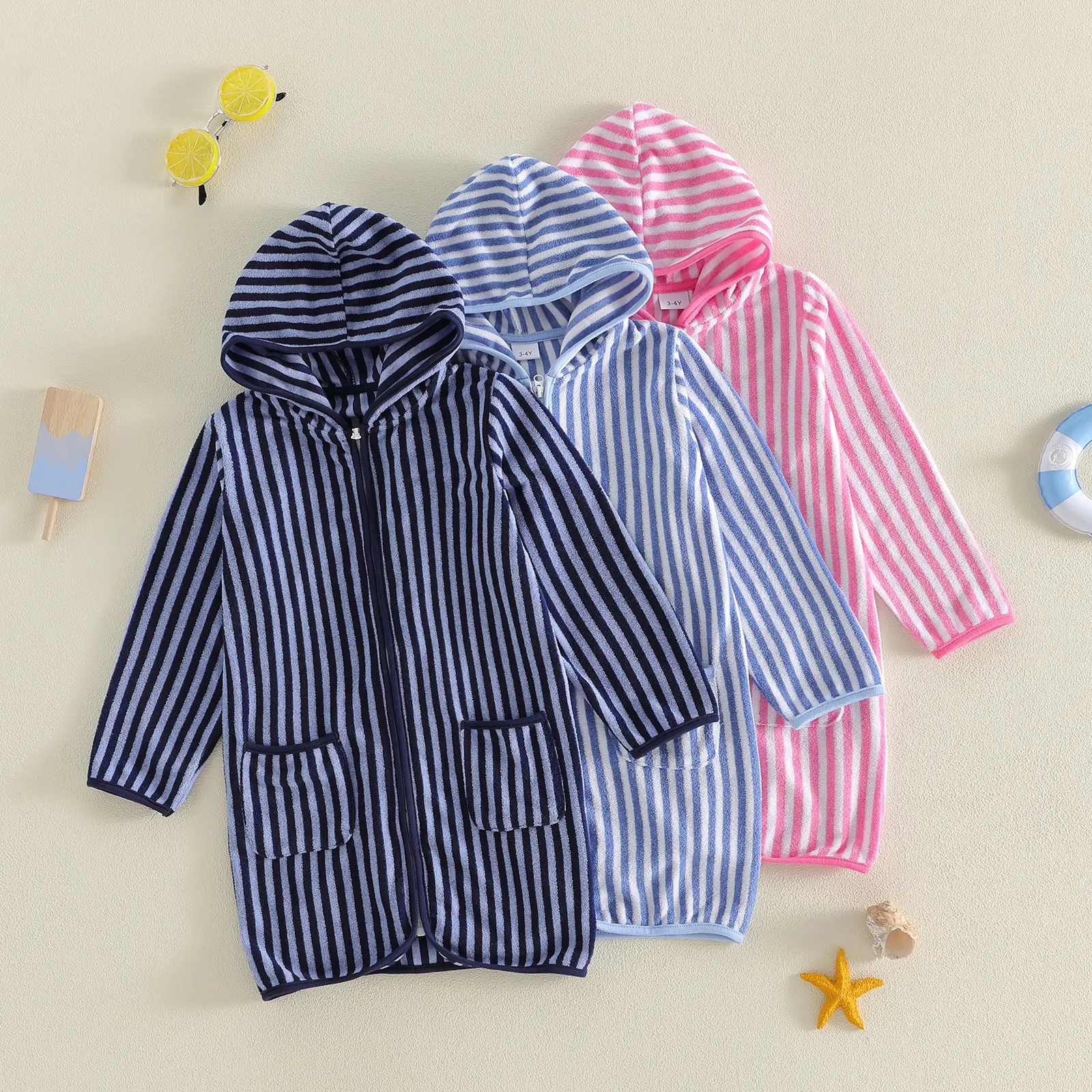 Toddler Baby Little Boy Girl Bath Towel Hoodie Long Sleeve Front Zipper Striped Surf Poncho Swimming Outerwear 1-6 Years