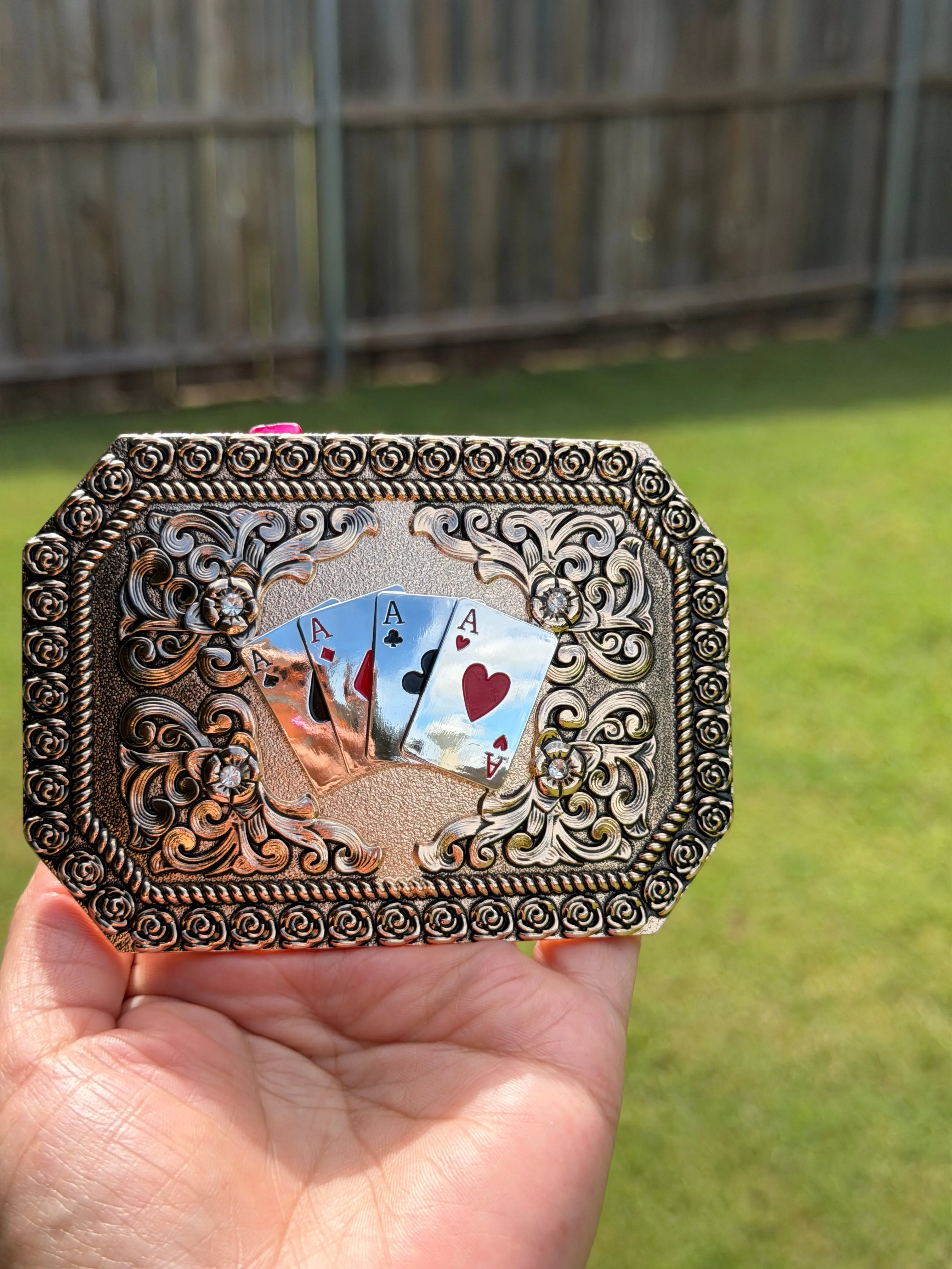 Western Cowboy Belt Buckle, 4 Aces Poker Card Design in Antique Silver Zinc Alloy with Crystal Accents for Men & Women, Western Stuff, Accessories Adults