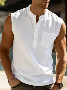 Men's Casual Sleeveless Linen Vest, Breathable Loose Fit, Perfect for Vacation Gym Commute, Stand Collar Plain Top