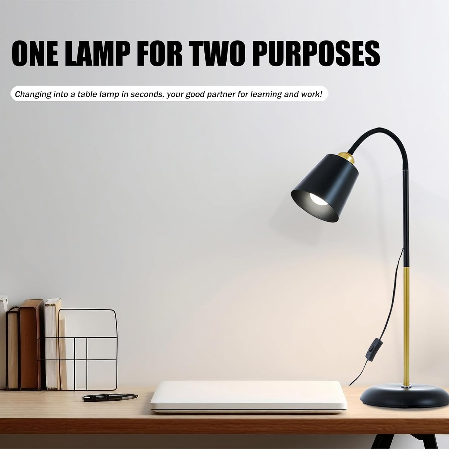Short Floor Lamp, AoMck 2 in 1 Reading Table Lamps with Adjustable Bendable Neck, Standing Lamp for Living Room Bedroom Office, 12W Bulb Included (Black)