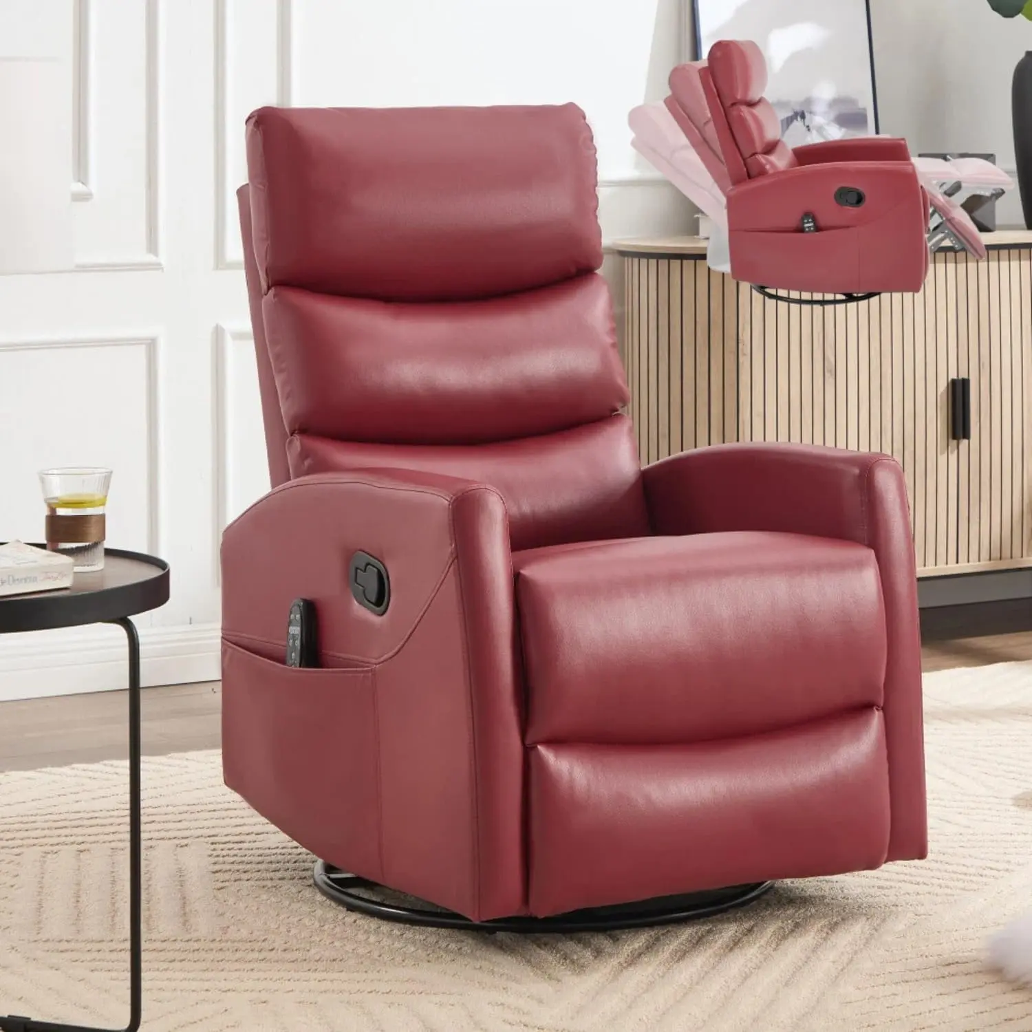 Heat Massage Recliner Chair with Lumbar Heat, 360° Swivel Rocker Recliner for Living Room, Manual Reclining, 8-Point Vibration, Timer, Faux Leather (red)