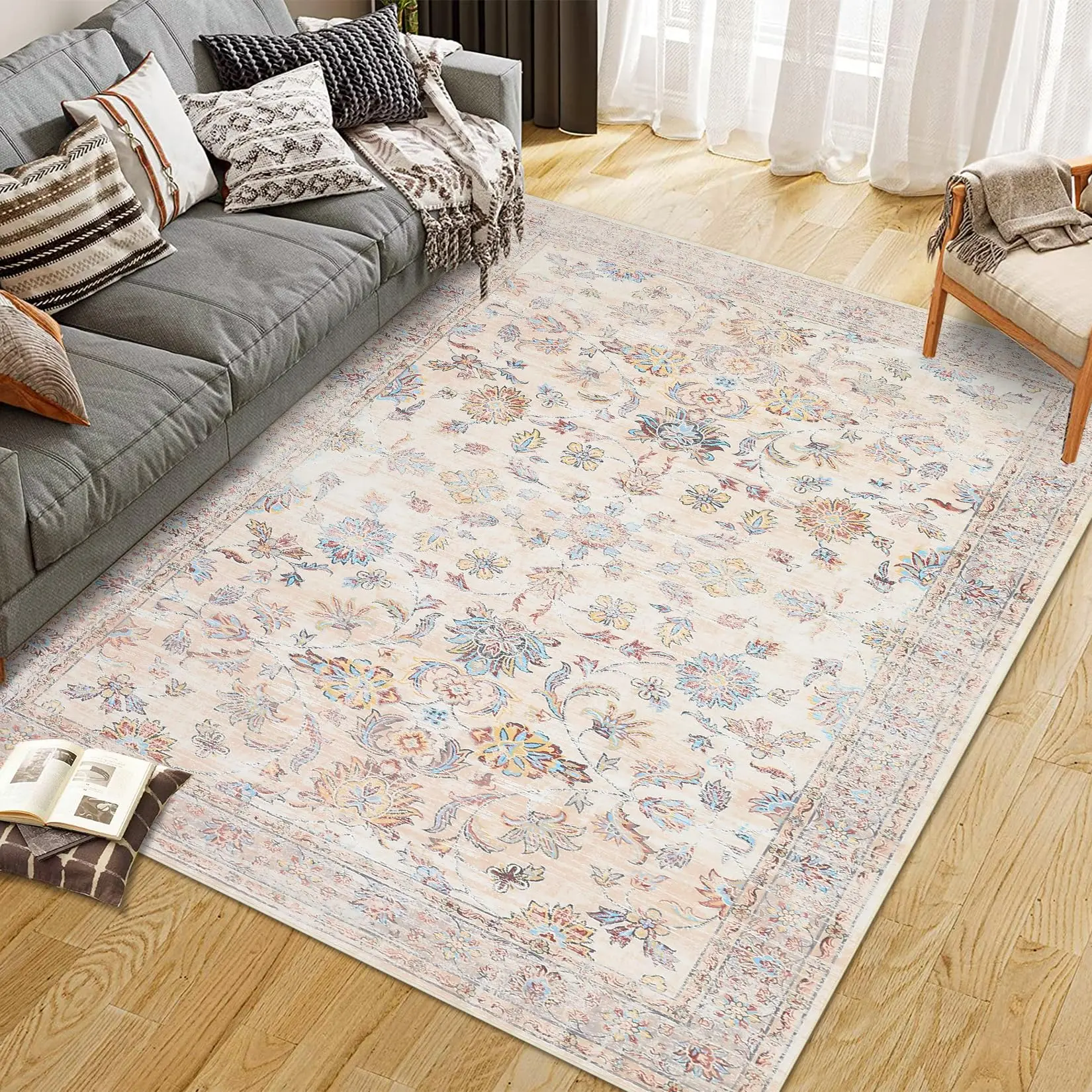 Garvee Area Rug Vintage Persian Distressed Carpet Machine Washable For Living Room Bedroom, 10' x 13' Beige