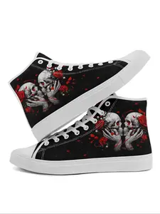 Women's Gothic Skull High-Top Sneakers, Punk Streetwear Lightweight Casual Shoes for All Seasons, Breathable Textile Upper and Rubber Sole, Closed Footwear