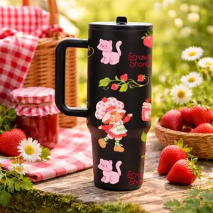 1pc 40oz Strawberry Cartoon Tumbler with Lid and Straw, Stainless Steel Vacuum Insulated Cup with Handle, Cute Pink Cat and Girl Print Travel Mug, Keeps Cold 12H Hot 6H, for Water Coffee Tea, Car Cup Holder, Gift for Girls Women Birthday Christmas
