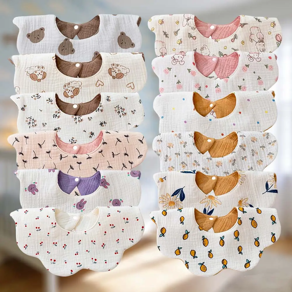 DOSMINE 12-Pack Unisex Organic Muslin Cloth Baby Bibs, Reversible Spill-Proof Teething Bibs with Snap Closure, Cute & Casual Cartoon/Solid Prints, Baby Shower Gift Set for Infants
