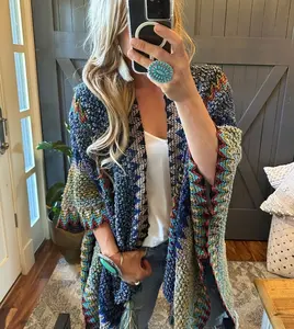 The Bohemian Loom Knit, Tasseled Handmade Cardigan, Crochet Blue Cardigan, Women's Cardigan, Cardigan Gift for Her