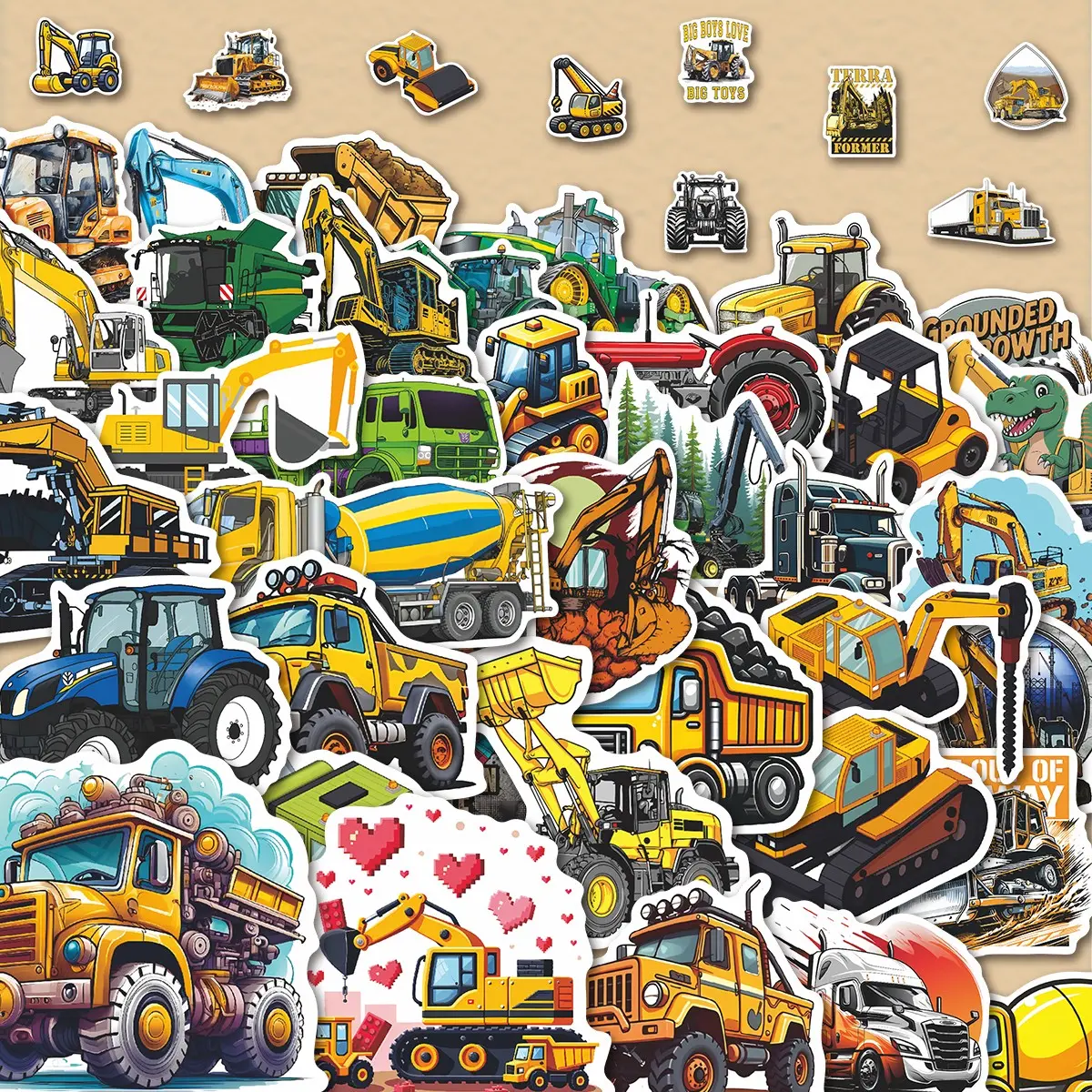 60Pcs Construction Vehicle Stickers Pack, Waterproof Excavator Truck & Heavy Equipment Vinyl Decals for Laptop, Water Bottle, Skateboard & Journal, Kids' Truck Lover Gift, Self Adhesive Stickers, Stickers Kit