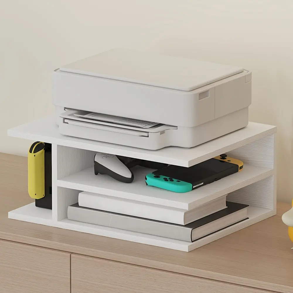 White Desktop Organizer - Desk Accessories Multi-Layer Tiered Shelf Storage Holder, Printer Lift for Office/Students, Stores Files, Stationery, A4 Paper, No-Open Design, Simple Practical Home Supplies