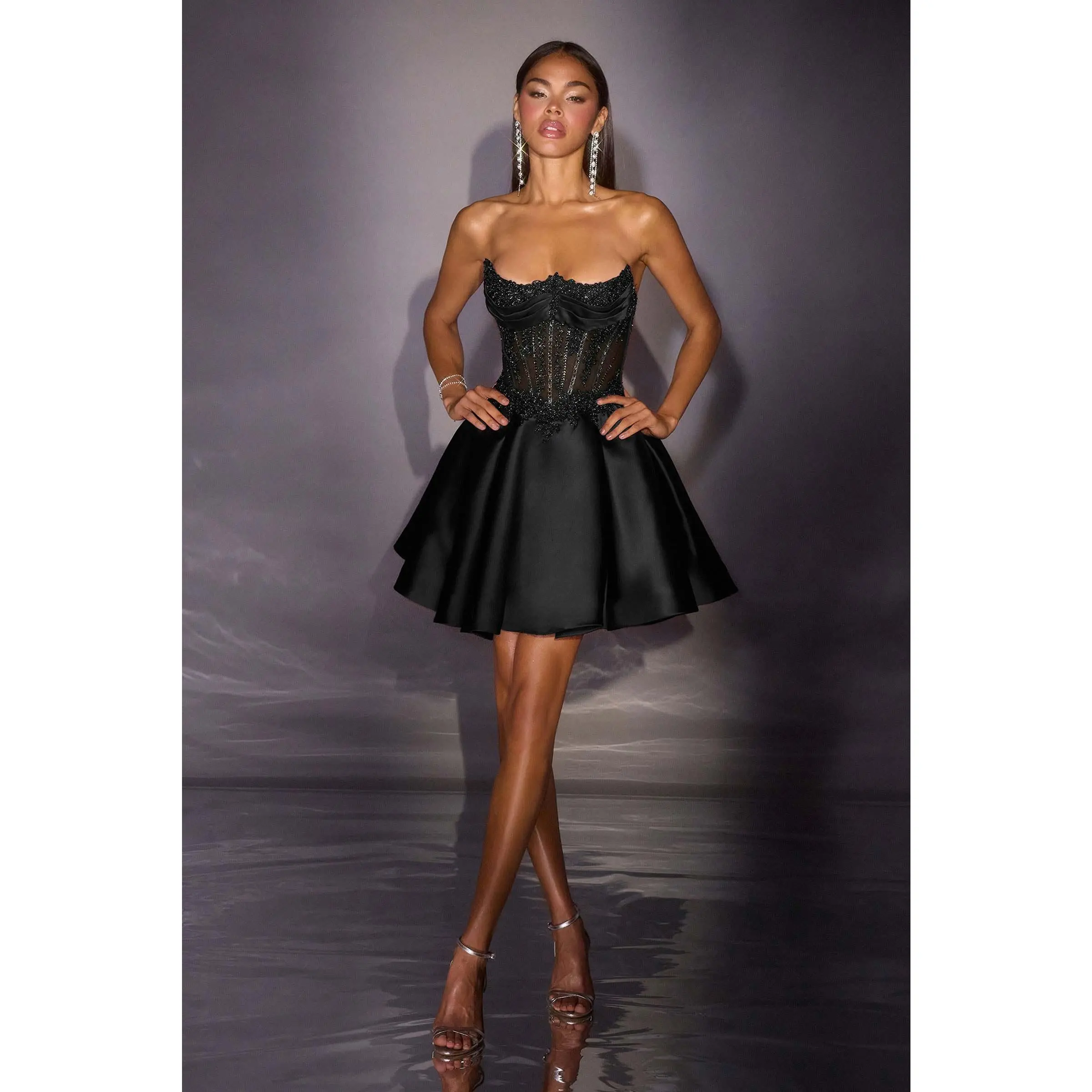 Women's Formal Crystal-Embellished Strapless Sweetheart Neck Corset Mini Dress - Zipper Closure, Sheer Bodice, Satin Fit-and-Flare Skirt, Structured Waist, Elegant Glam Style for Birthday, Homecoming, Cocktail Events, Sleeveless, Crystals, Satin Skirt, Fo