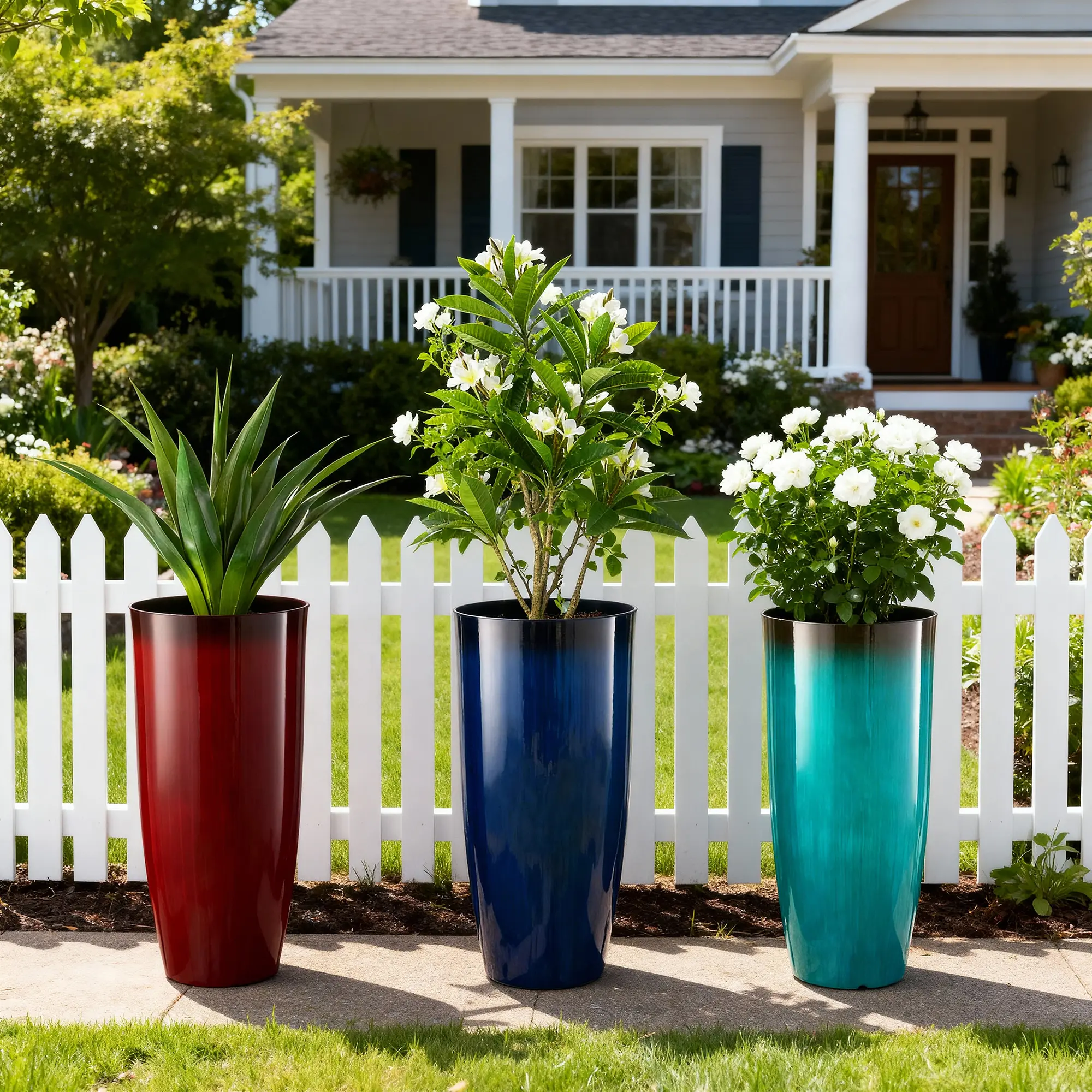 Glitzhome 30"H Set of 2 Oversized Faux Ceramic Tall Plastic Garden Planters for Home Improvement, Indoor/Outdoor Pots, Flower Display