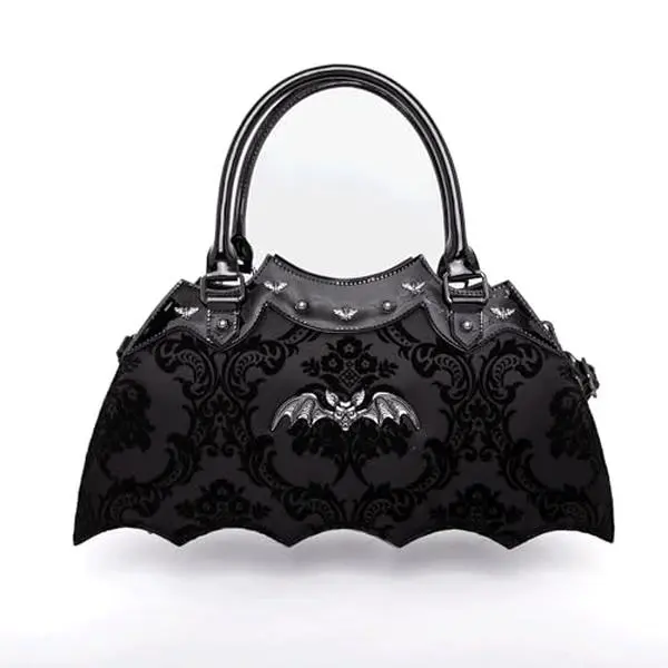 Black Bat Shaped Handbag with Damask Print and Shoulder Strap Black Bat Shaped Handbag with Damask Print and Shoulder Strap