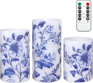 Flameless Candles Blue and White Porcelain Floral Chinoiserie Decor Battery Operated with Remote Real Wax Dripless Candle Vintage Decorative for Christmas Gift Wedding Home Party Decor