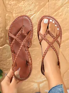 Bohemian Braided Thong Sandals, Flat Roman Slide Sandals for Summer Outdoor Wear