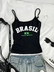 Y2K Brasil Flag Graphic Cami Top, Statement, Black Slim Fit Spaghetti Strap Tank, 2000s Aesthetic Streetwear for Women, Retro 90s Fashion, Summer Streetwear, Trendy Festival Outfit, Coachella Inspired, Brazilian Flag Apparel