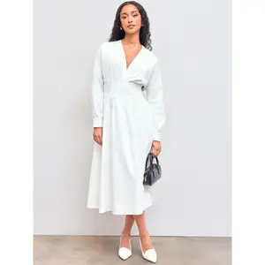 Cider [size 0-10] V-neck Solid Zipper Ruffle Long Sleeve Midi Dress