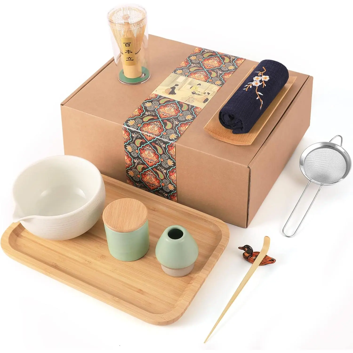 Matcha  Set, Matcha Bowl with Pouring Spout,  Tray,  Whisk, Ceramic Whisk Holder, Handmade Matcha Ceremony Kit For   Ceremony (10Pcs)