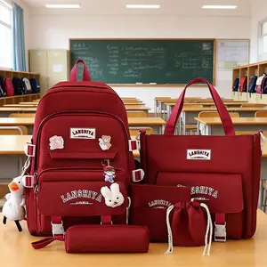 5Pcs Red School Backpack Set for Girls, Aesthetic Student Bookbag with Tote Bag, Pencil Case & Accessories, Lightweight Daypack for Teens