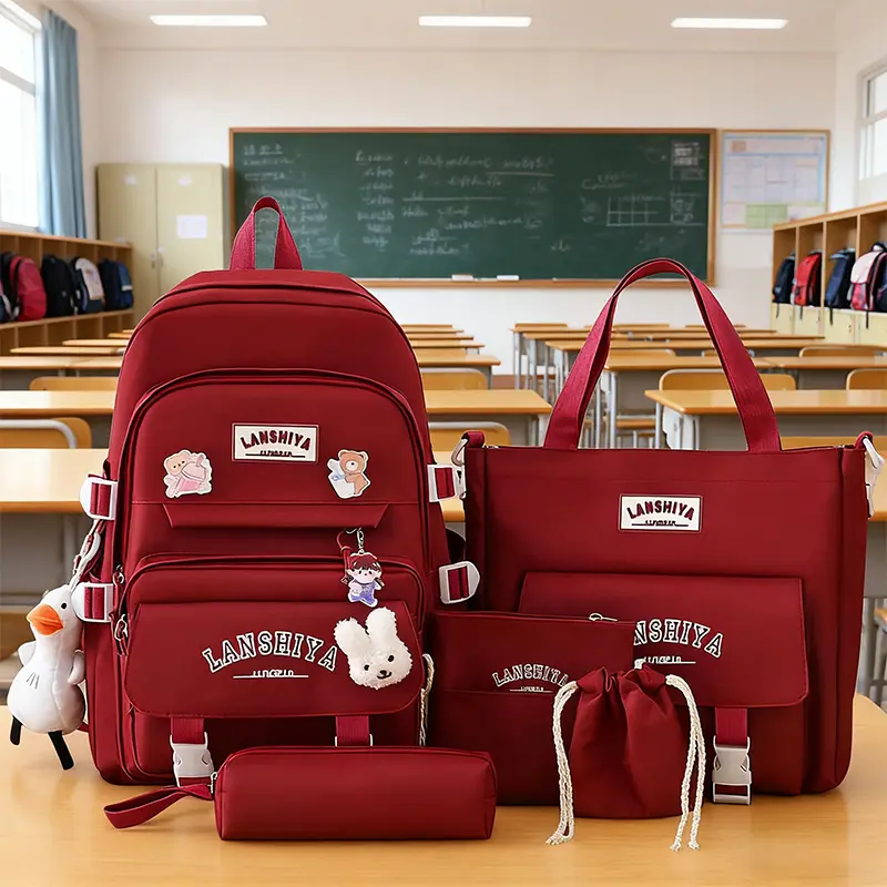 Aesthetic School Backpack for Teen Girls, 5-Piece Solid Red Set with Tote Bag, Pencil Case & Accessories, Lightweight for College, Backpacks For School
