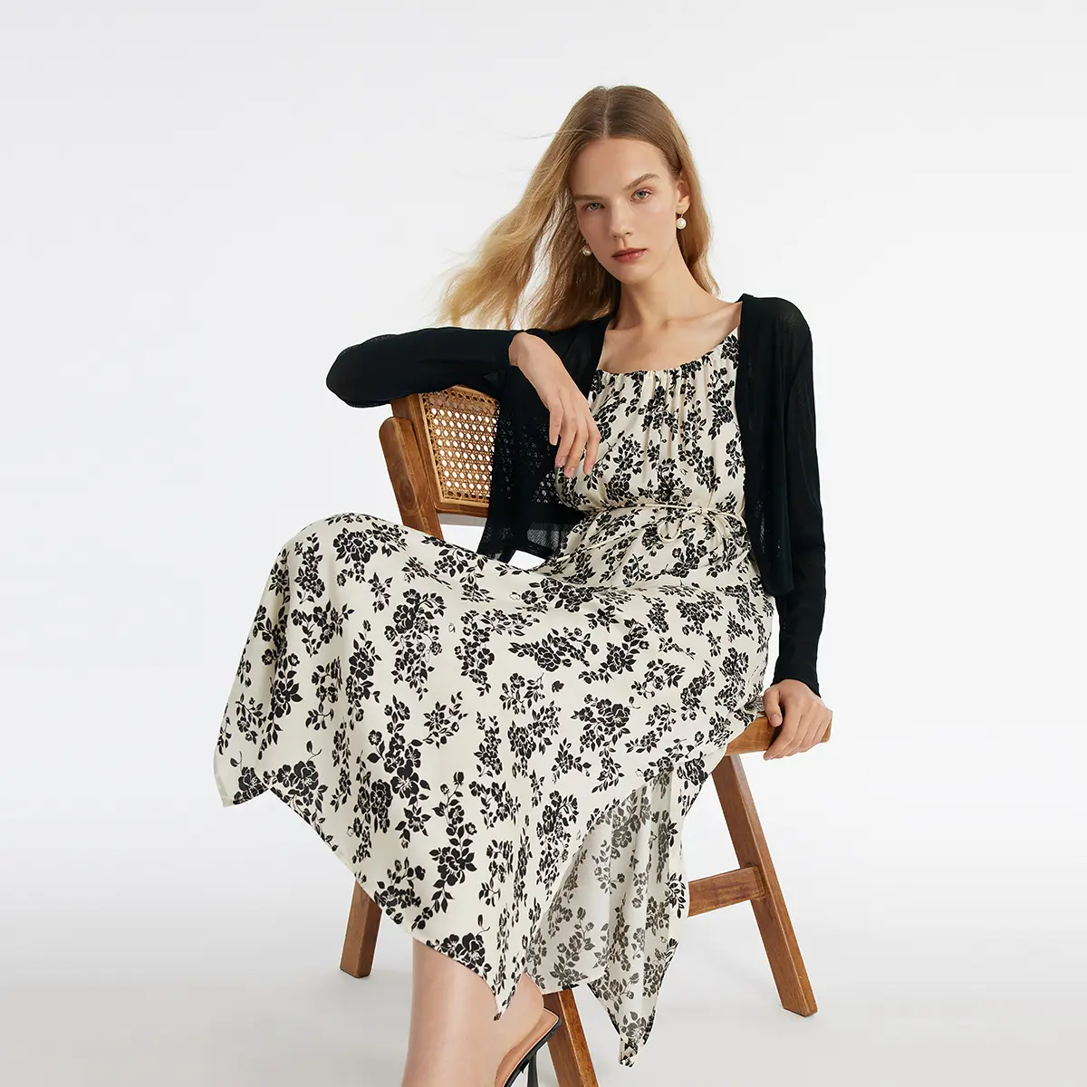 Camellia Print Spaghetti Strap Dress And Knitted Cardigan Two-Piece Set