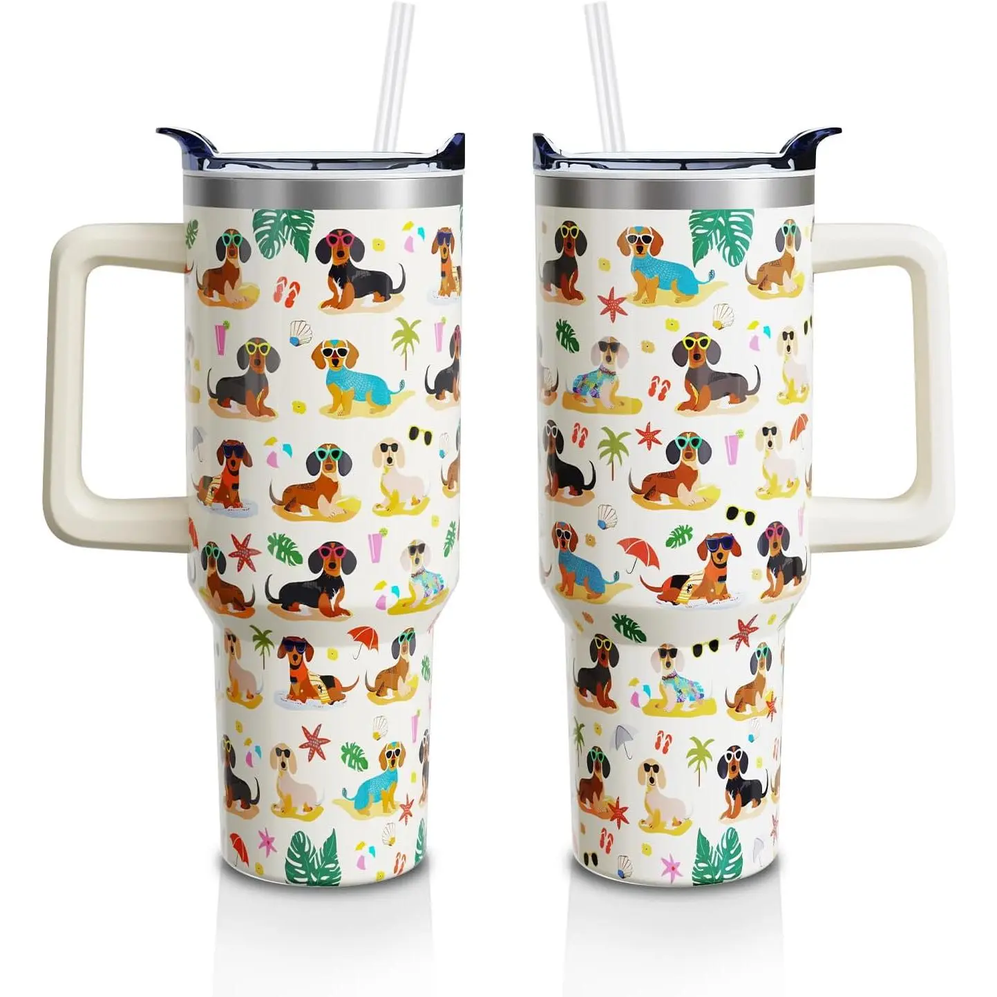 40oz Portable Insulated Reusable Double Wall BPA-Free Steel Water Bottle Tumbler - Food-Grade Steel Dachshund Print Kitchenware Drinkware with Plastic Handle, Lid, Straw, Straw Brush Clean for Safe Sips (1PC), Insulation