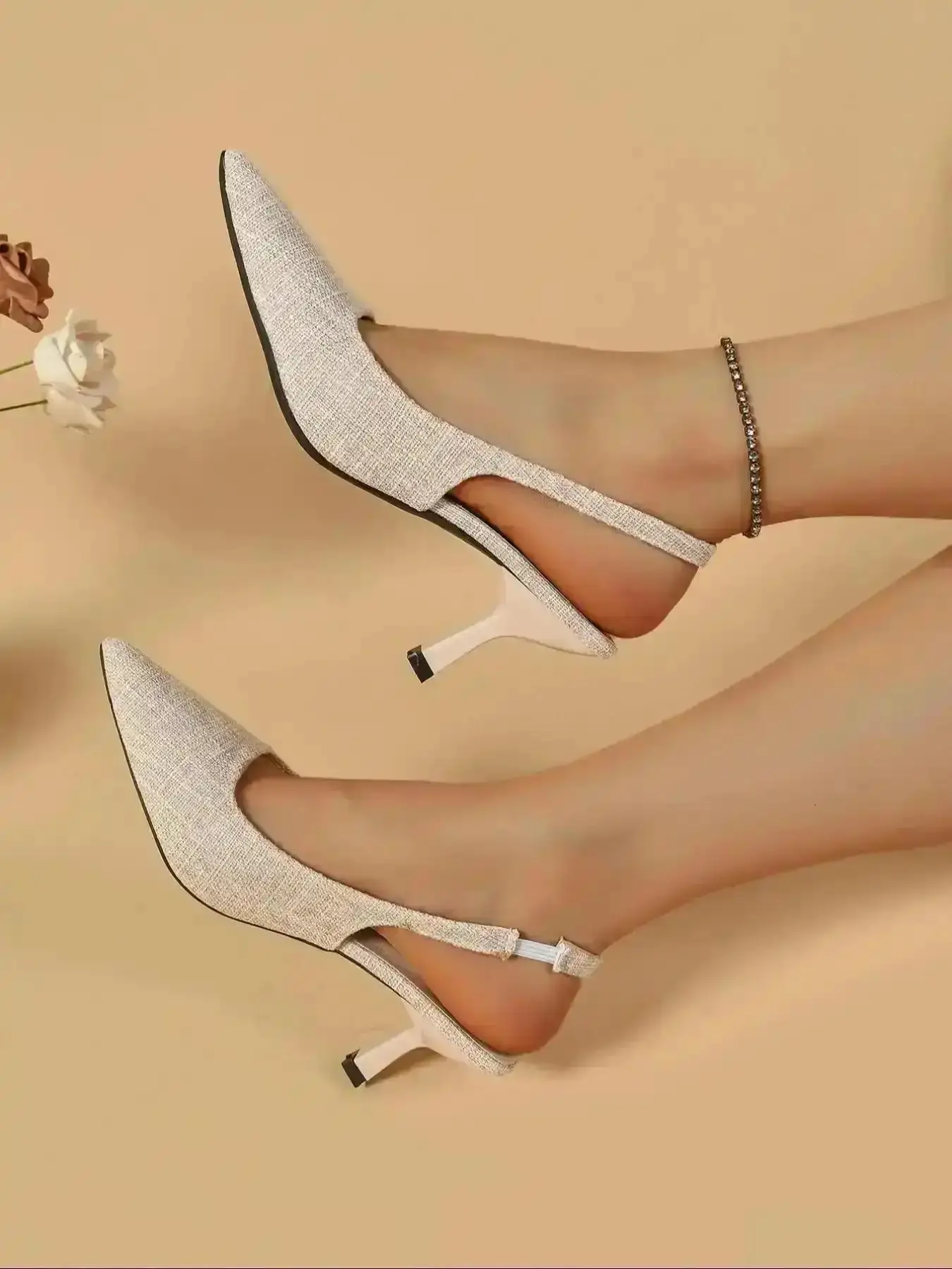 Women's Cream Elegant Solid Color Pointed-Toe Kitten Heel Slingback Pumps - Slip-On Heels for Party, Daily Wear, Valentine's Day, Trendy, Comfortable, Durable, Relaxed, Stylish, Supportive