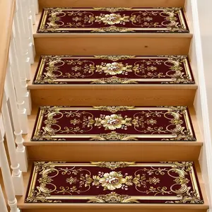 Base Stair Mat with Scroll Pattern, Absorbent Non-Slip Wooden Step Rug, Quick-Dry Wet Floor Strip, Washable, Pet/child/elderly Safe