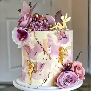 Enchanted Fairy Cake Toppers, Playful Princess Acrylic Decorations with Flowers, Set of 5 Reusable Food-Safe 3D Toppers for Weddings, Birthdays & Parties