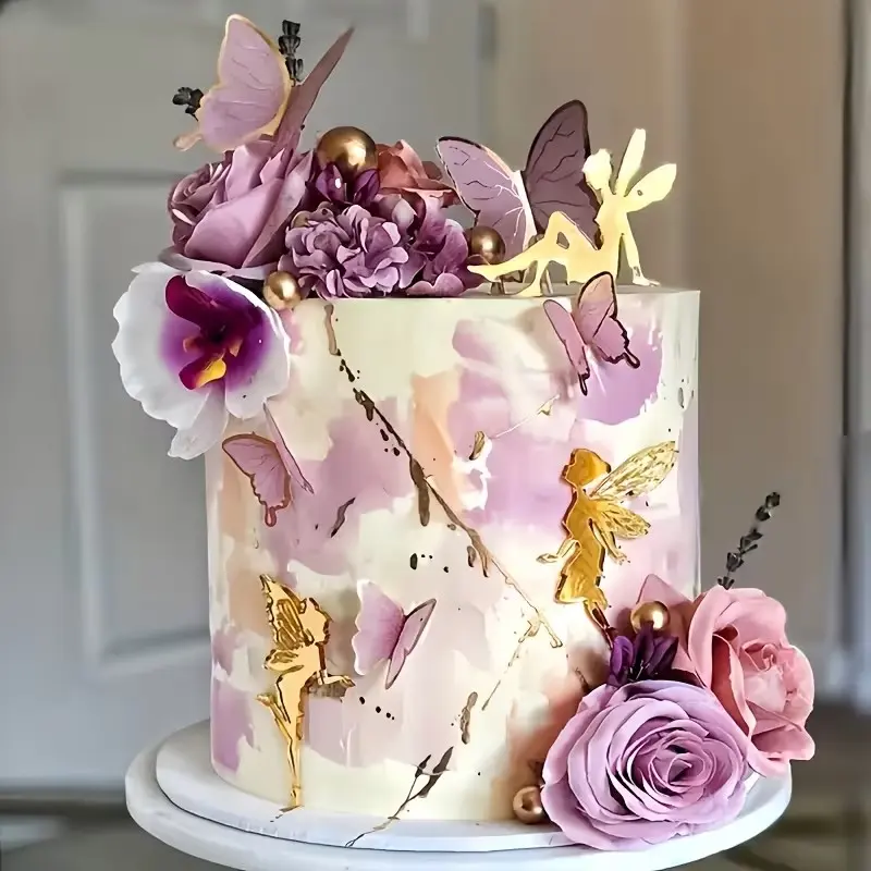 Enchanted Fairy Cake Toppers, Playful Princess Acrylic Decorations with Flowers, Cake Decorating Supplies, Set of 5 Reusable Food-Safe 3D Toppers for Weddings, Birthdays & Parties