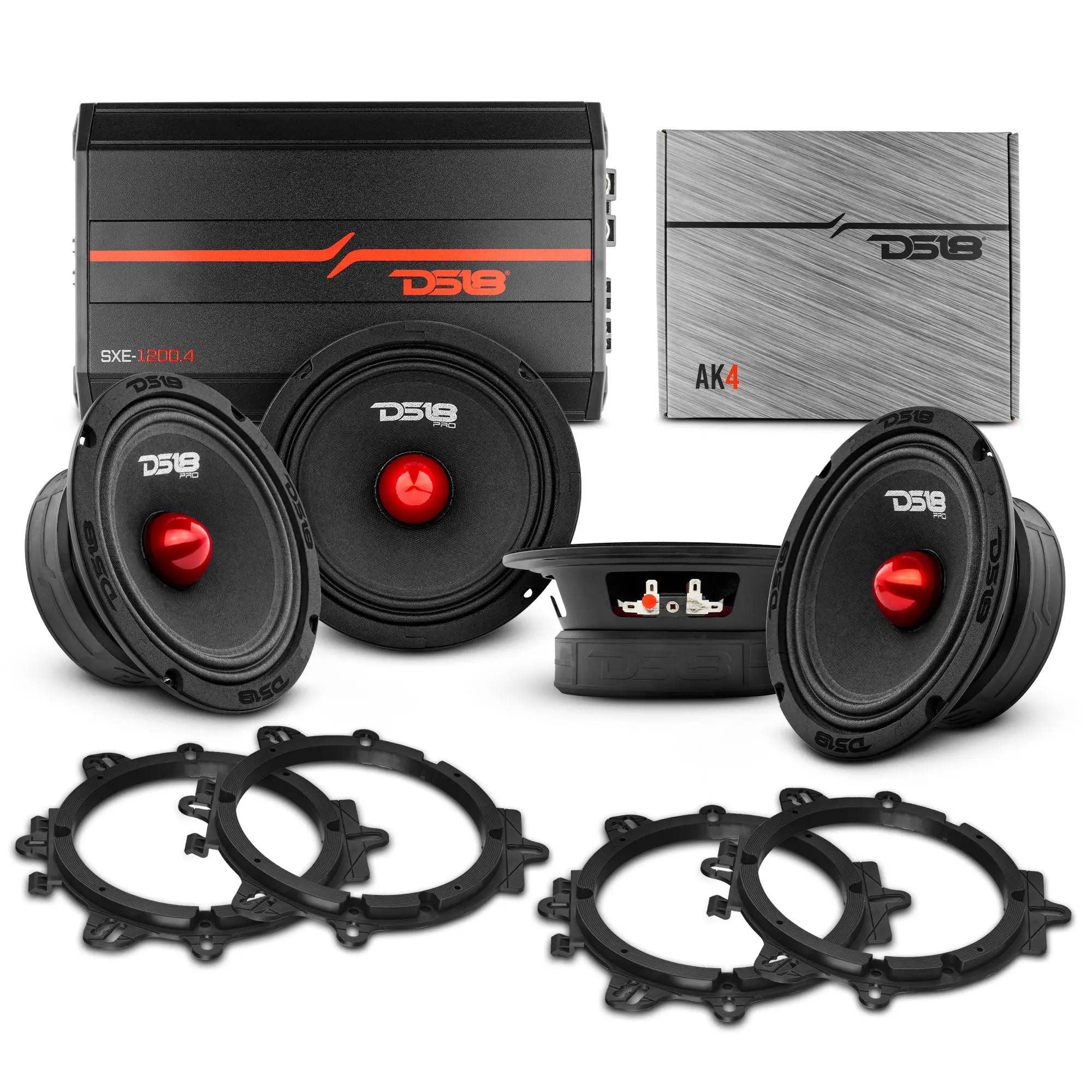 Pro Audio Bundle: 6.5" Midrange Speakers with OEM Speaker Adapters, Amplifier, and Wiring Kit
