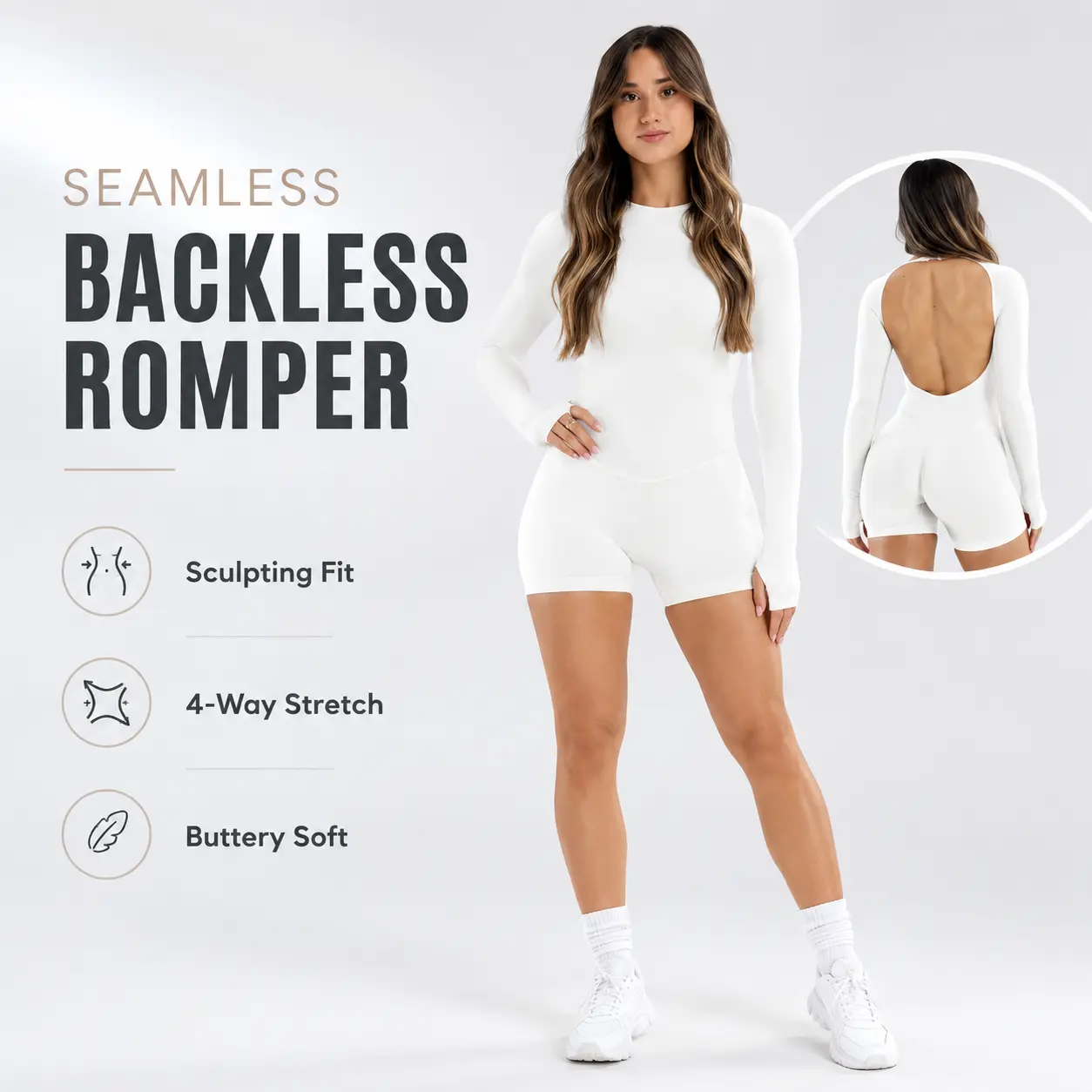 Women’s Seamless Sculpt Long Sleeve Backless Bodysuit - Workout Onesie with Thumb Holes, Tummy Control, Butt-Lifting - Athletic Jumpsuit, Shaping Jumpsuit, Stretchy Sports Outfit for Pilates, Gym Yoga Clothing