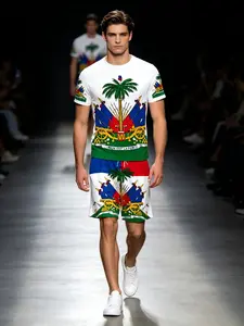Haiti Theme Sports Set, Flag Elements 3D Print Men's Casual Two-Piece, Short Sleeve Loose-Fit Polo Tee and Shorts
