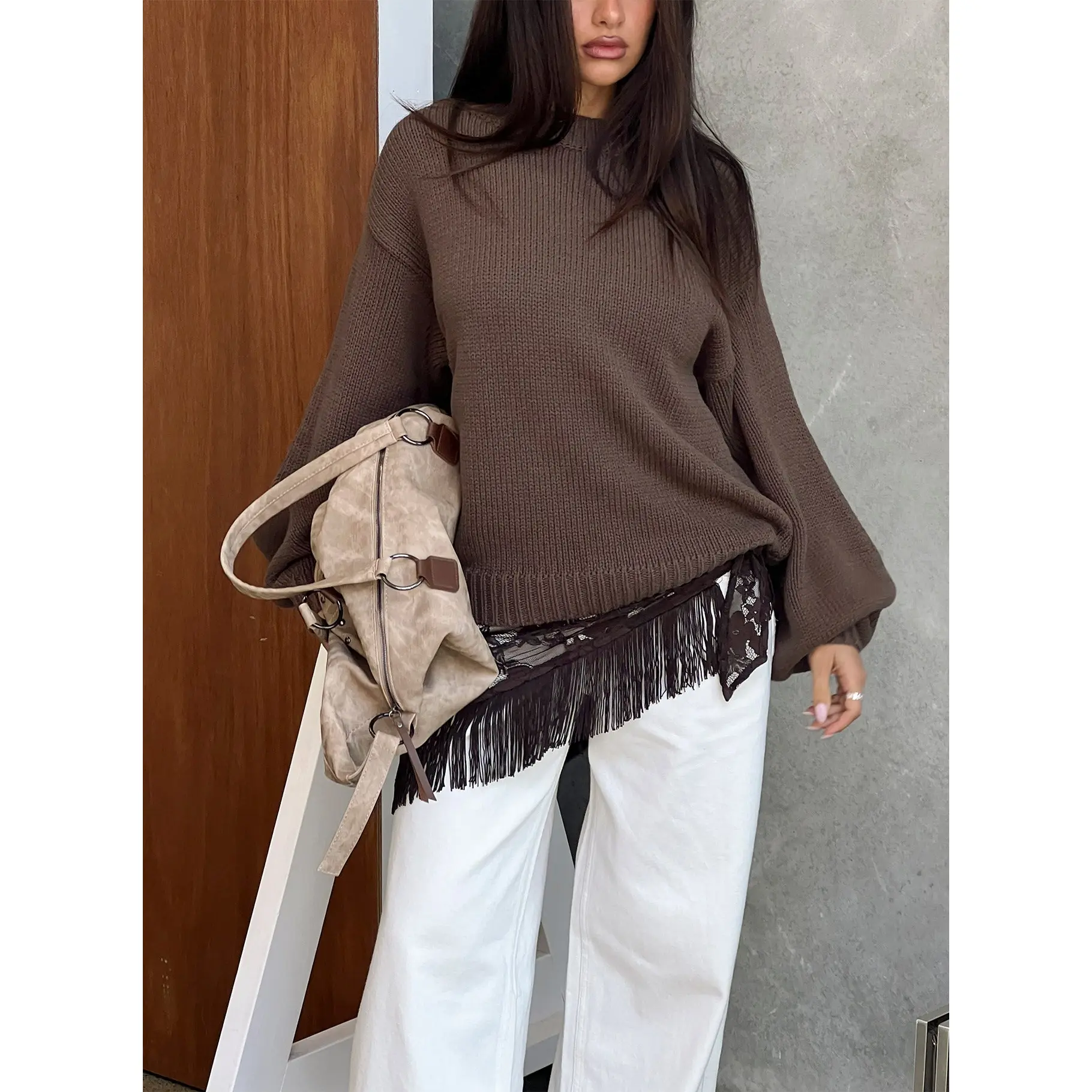 Harmony Balloon Sleeve Knit Sweater Dark Brown