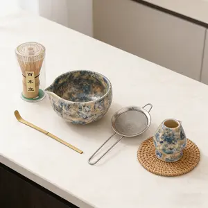 Japanese Style Blue Glaze Kiln Change Ceramic Tea Set, Includes Matcha Whisk & Strainer, Premium Quality Teaware for Traditional Brewing