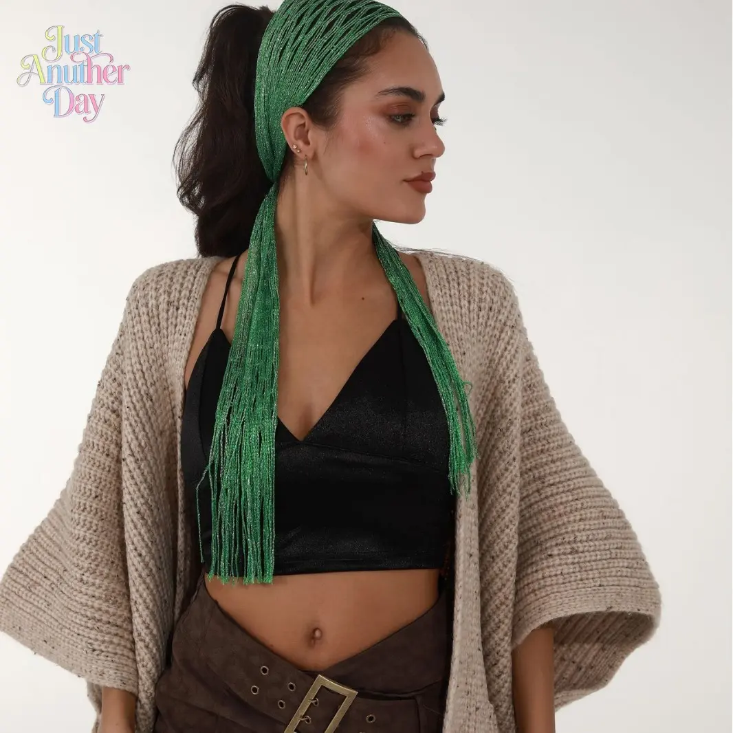 Multi-Use Knitted Hollow-Out Headscarf, Green Glitter Mesh Scarf with Long Tassels, Soft and Comfortable, Versatile as a Headband, Neck Scarf, or Hair Tie, Great for All Seasons and Any Outfit Style