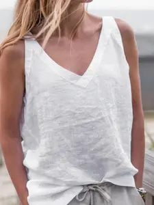 French Lazy Linen V-Neck Sleeveless T-Shirt, Basic Casual Minimalist Loose Fit Slimming Breathable Top, Daily Commute, Date, Travel, Street Style