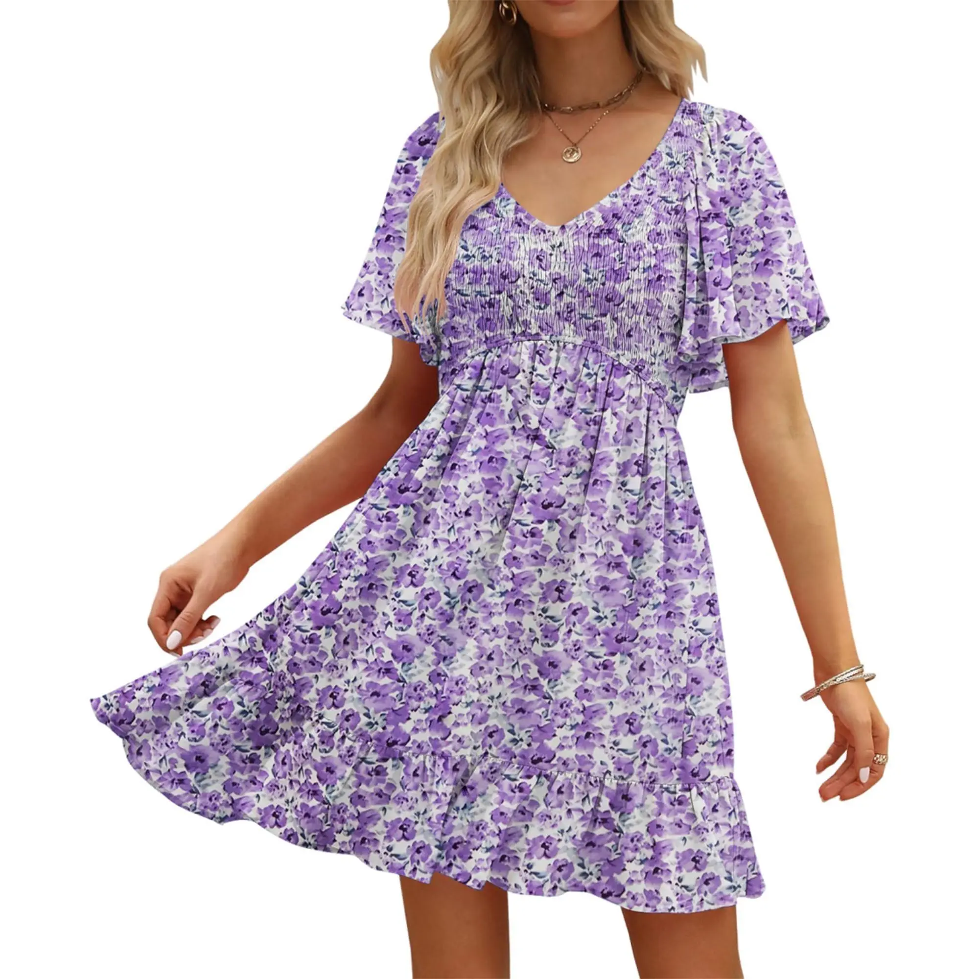 Women's Summer Floral Print Mini Dress V Neck Flutter Sleeve Boho Style Sundress with Pockets Flowy Dress For Beach Vacations parties And casual outings All occasions Bohemian